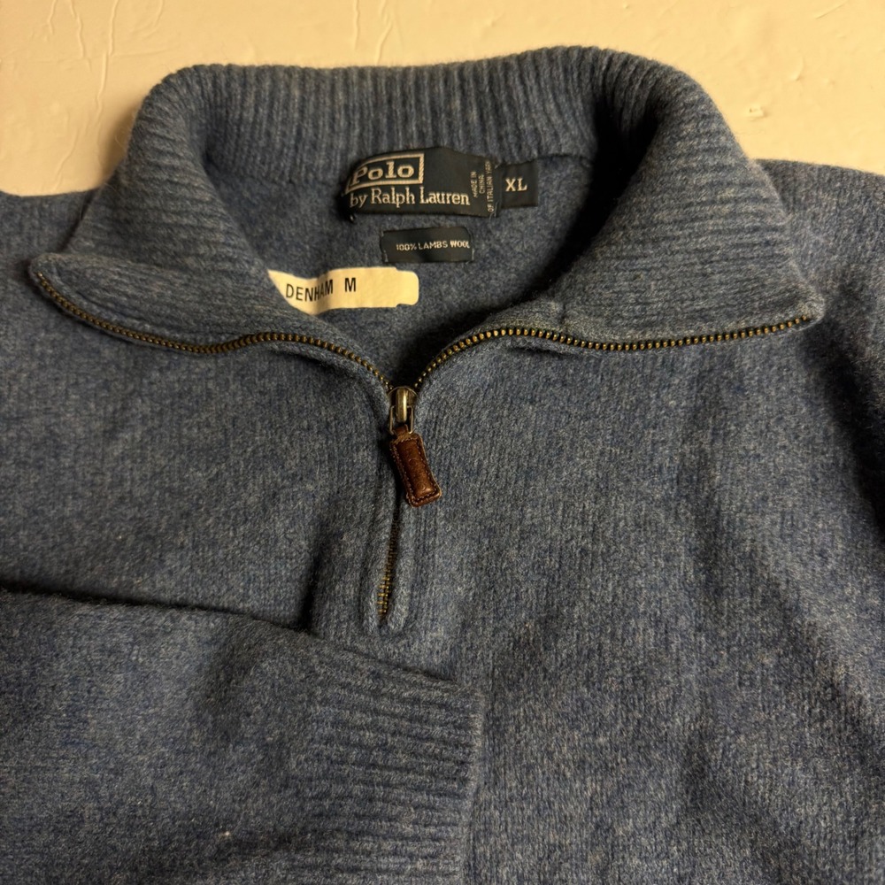 Polo Ralph Lauren Lambswool 1/4 Zip Sweater XL Blue Elbow Patch